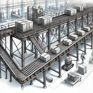 material handling conveyor system in an industrial setting. The conveyor is depicted transporting various m