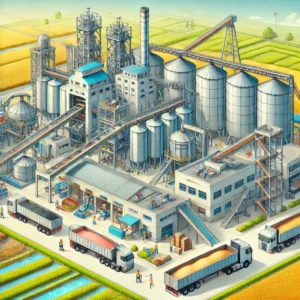 modern rice mill. Showcase the facility's key elements such as large storage silos, conveyor belts, husking m